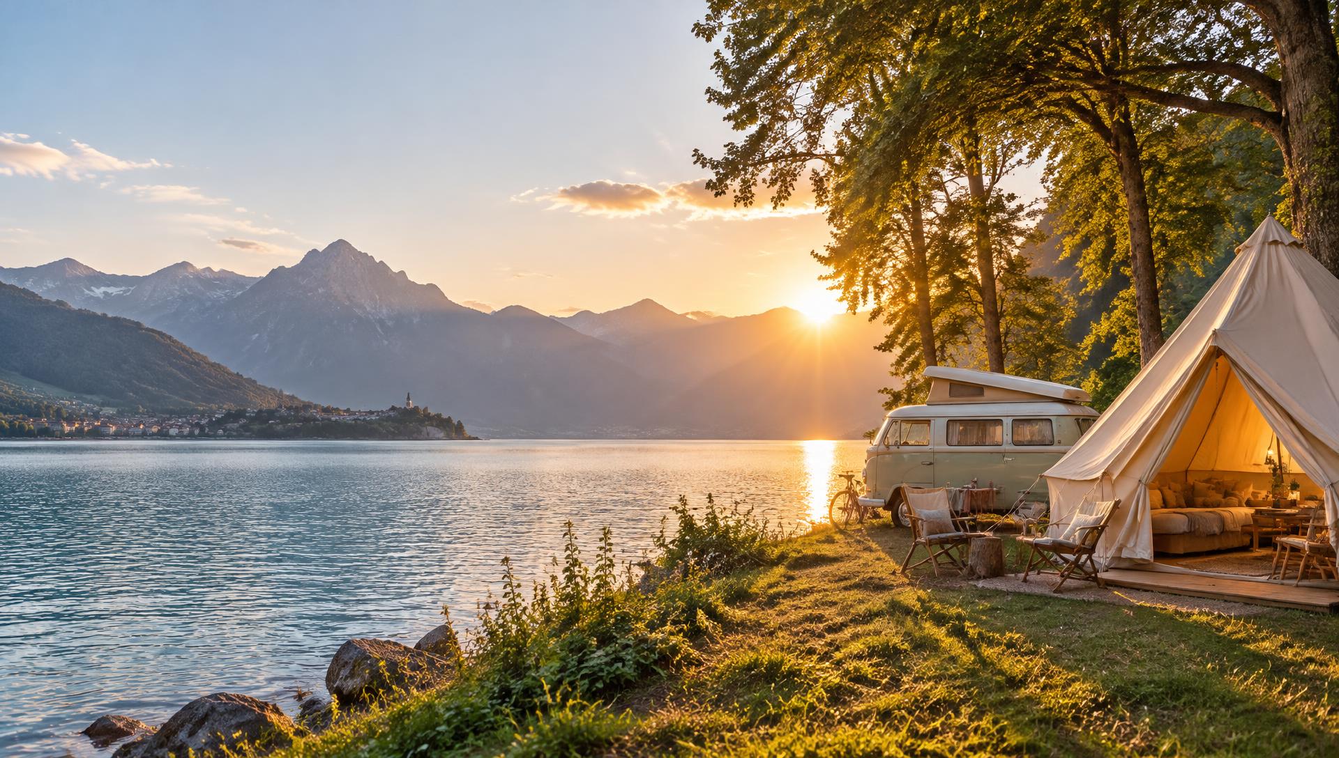 Golden-hour views over a lakeside campsite with a campervan and glamping tent